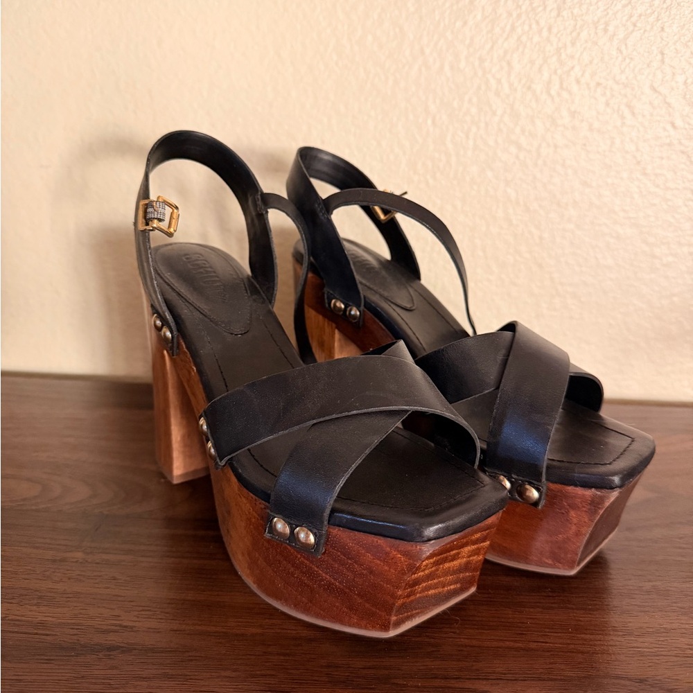Schutz Black Leather Cross-Strap Wooden Platform Sandals